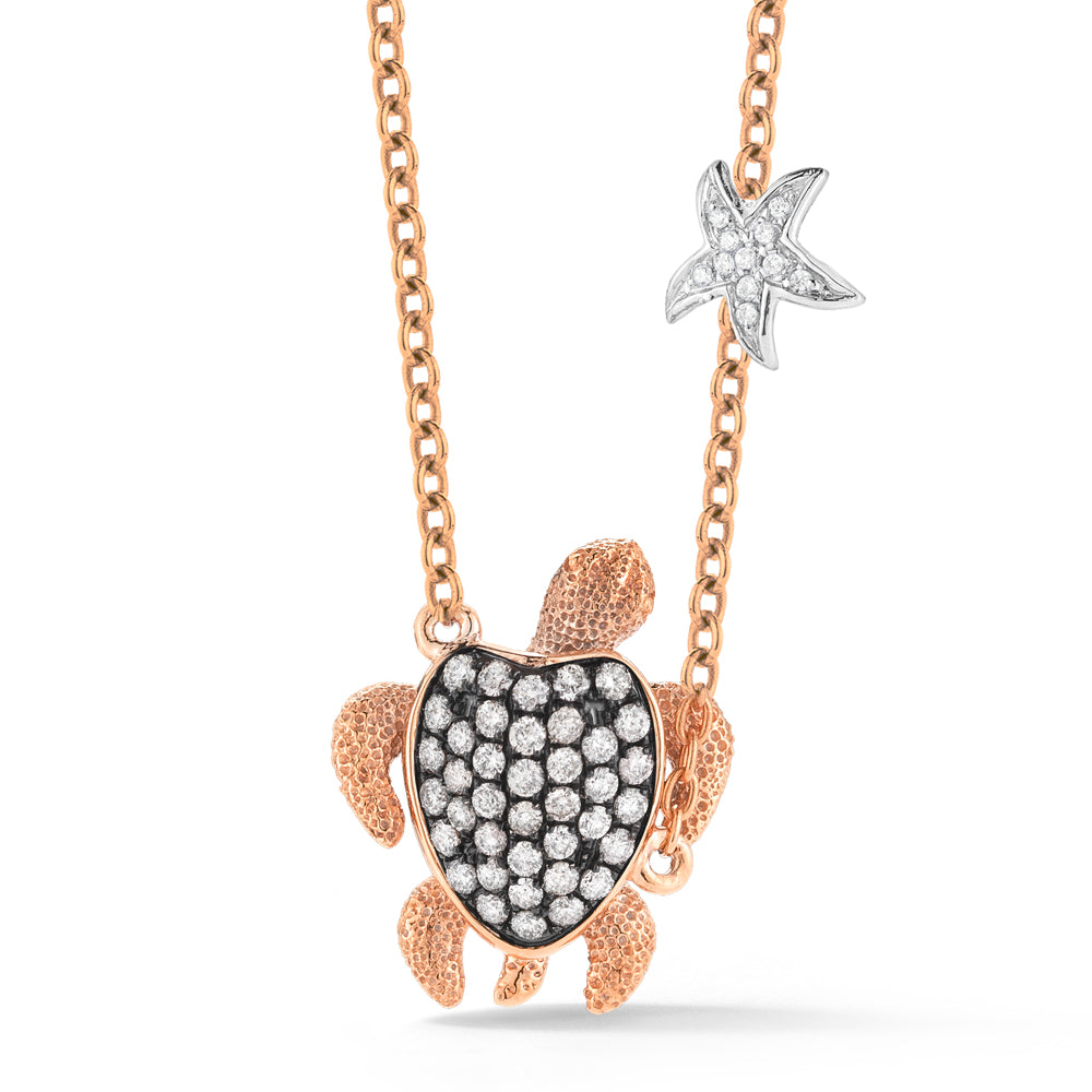 14K TURTLE NECKLACE WITH 11 DIAMONDS 0.035C AND 39 BROWN DIAMONDS 0.55C, 18