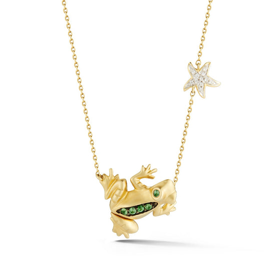14K FROG PENDANT WITH 11 DIAMONDS 0.035CT, TSAVORITE  0.060CT AND 2 BLACK DIAMONDS  0.03CT ON 18 INCHES CABLE CHAIN