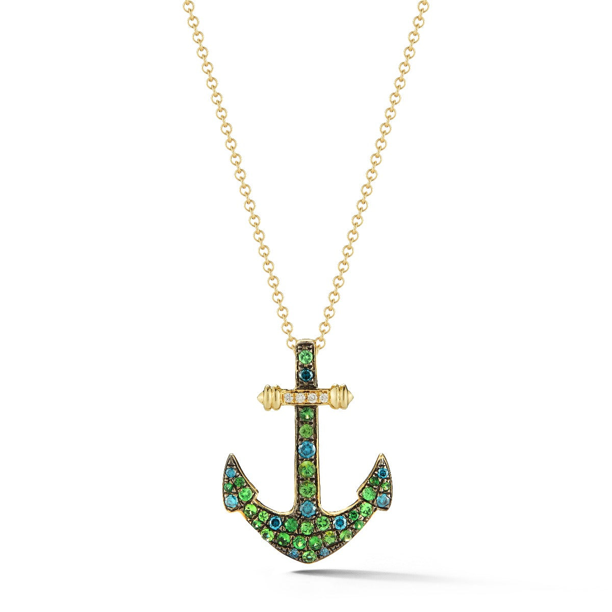 14KY ANCHOR PENDANT 4 DIAMONDS 0.02C, 27 GG 0.46C, 11 B.DIAMONDS 0.16C, 18" CHAIN