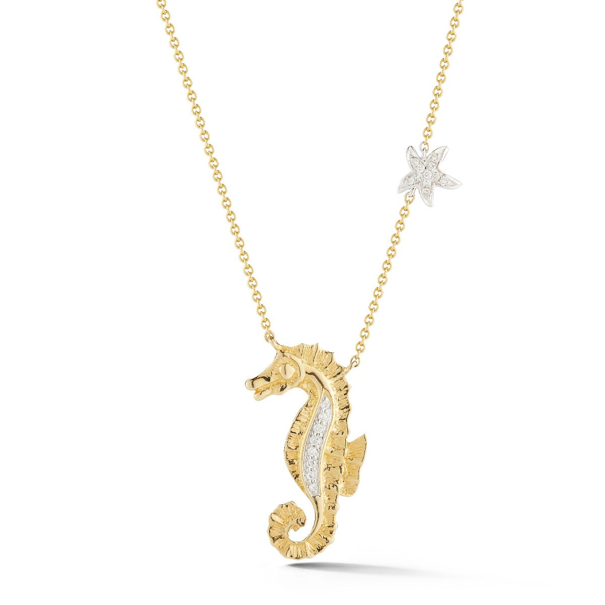 14K TWO TONE SEAHORSE PENDANT WITH 19 DIAMONDS 0.08CT 3/4" LONG ON 18 INCHES CABLE CHAIN