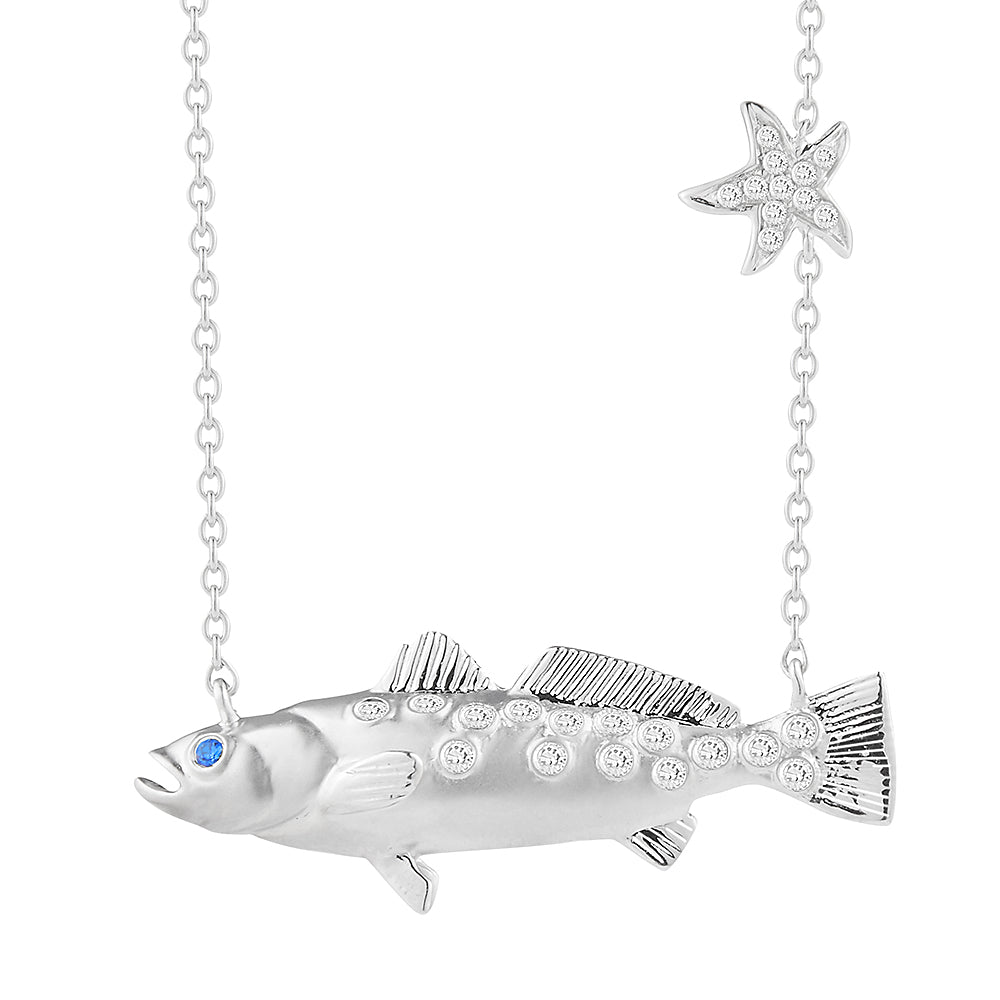 14K FISH NECKLACE 16 DIAMONDS 0.06CT & 11 B.S. 0.055, ON 18 INCH CHAIN