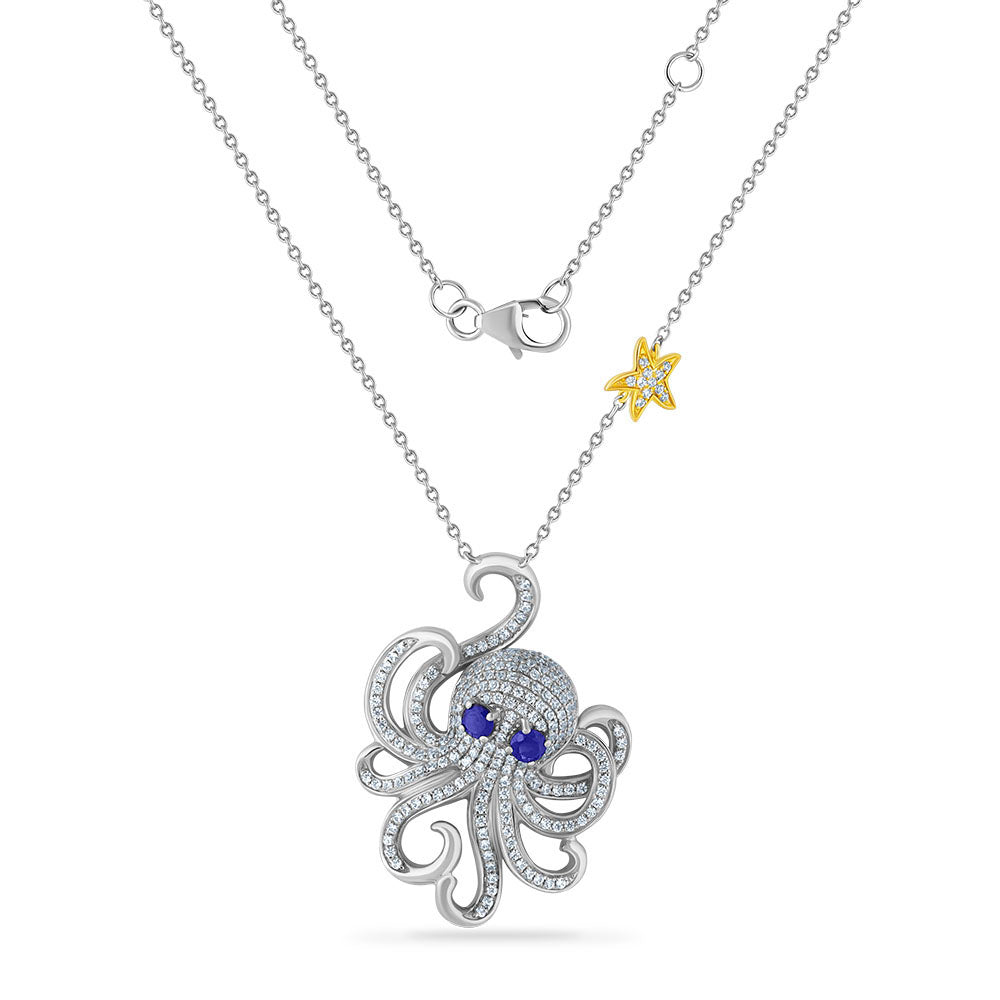 14KW OCTOPUS NECKLACE 209 DIAMONDS 0.89C & 2 BLUE SAPPHIRES 0.35C 18" CABLE CHAIN