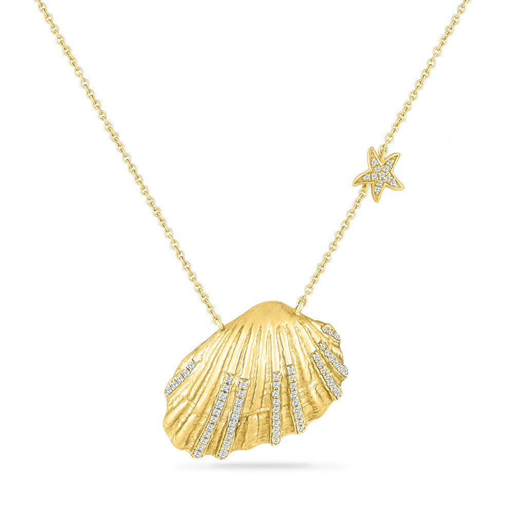 14K SEASHELL NECKLACE WITH 73 DIAMONDS 0.32CT, 25MM X19MM ON 18 INCHES CABLE CHAIN