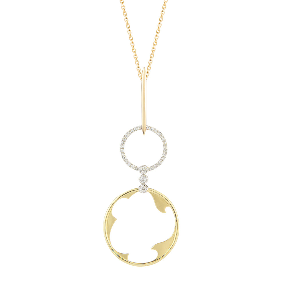 14K DOUBLE CIRCLE NECKLACE WITH 33 DIAMONDS 0.13CT ON 18 INCHES CHAIN