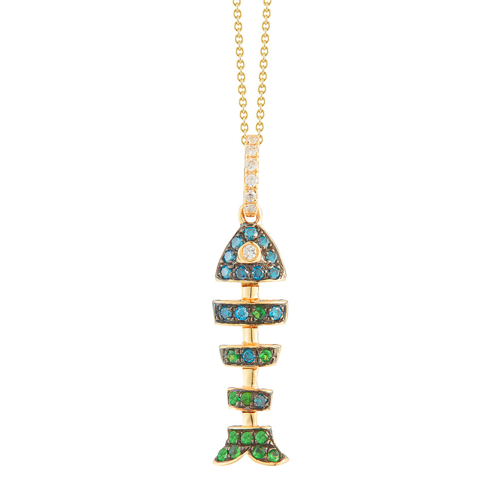 14K FISH BONE NECKLACE WITH 7 DIAMONDS 0.05CT, 14 BLUE DIAMONDS 0.13CT, 12 GREEN GARNETS 0.11CT ON 18 INCHES CABLE CHAIN