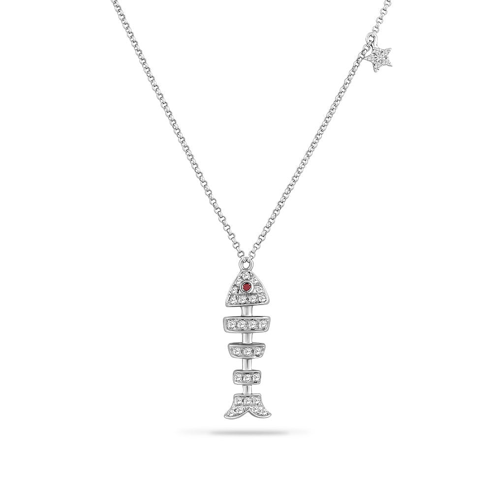 14K FISH BONE PENDANT WITH 32 DIAMONDS 0.23CT, 1 BLACK DIAMOND 0.01CT ON 18 INCHES CABLE CHAIN