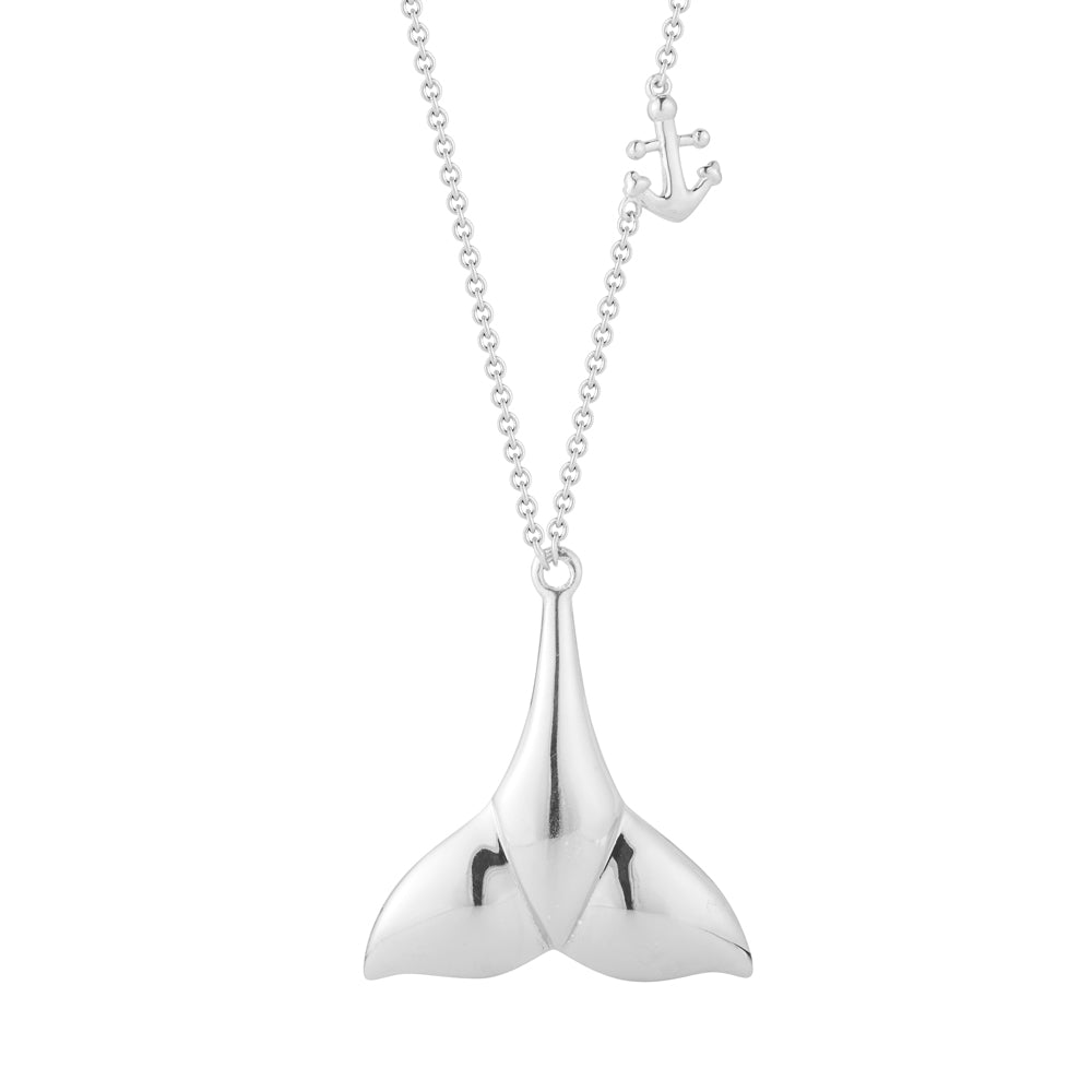 MODERN STERLING SILVER WHALE TAIL PENDANT 18" CHAIN 1 1/2" LONG BY 1 1/4" WIDE