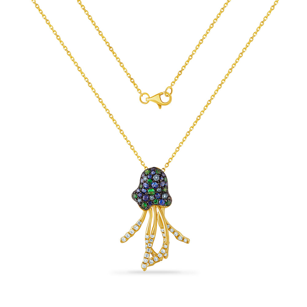 14KY JELLYFISH PENDANT 11G.G. 0.18CT, 18 SAPPHIRES 0.19CT, 35 DIAMONDS 0.16CT, 6 BROWN DIAMONDS 0.06CT ON 18 INCH CHAIN