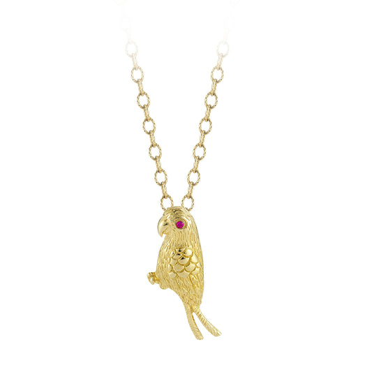 14K ADORABLE PARROT PENDANT WITH RUBY EYES ON 18 INCHES CABLE CHAIN