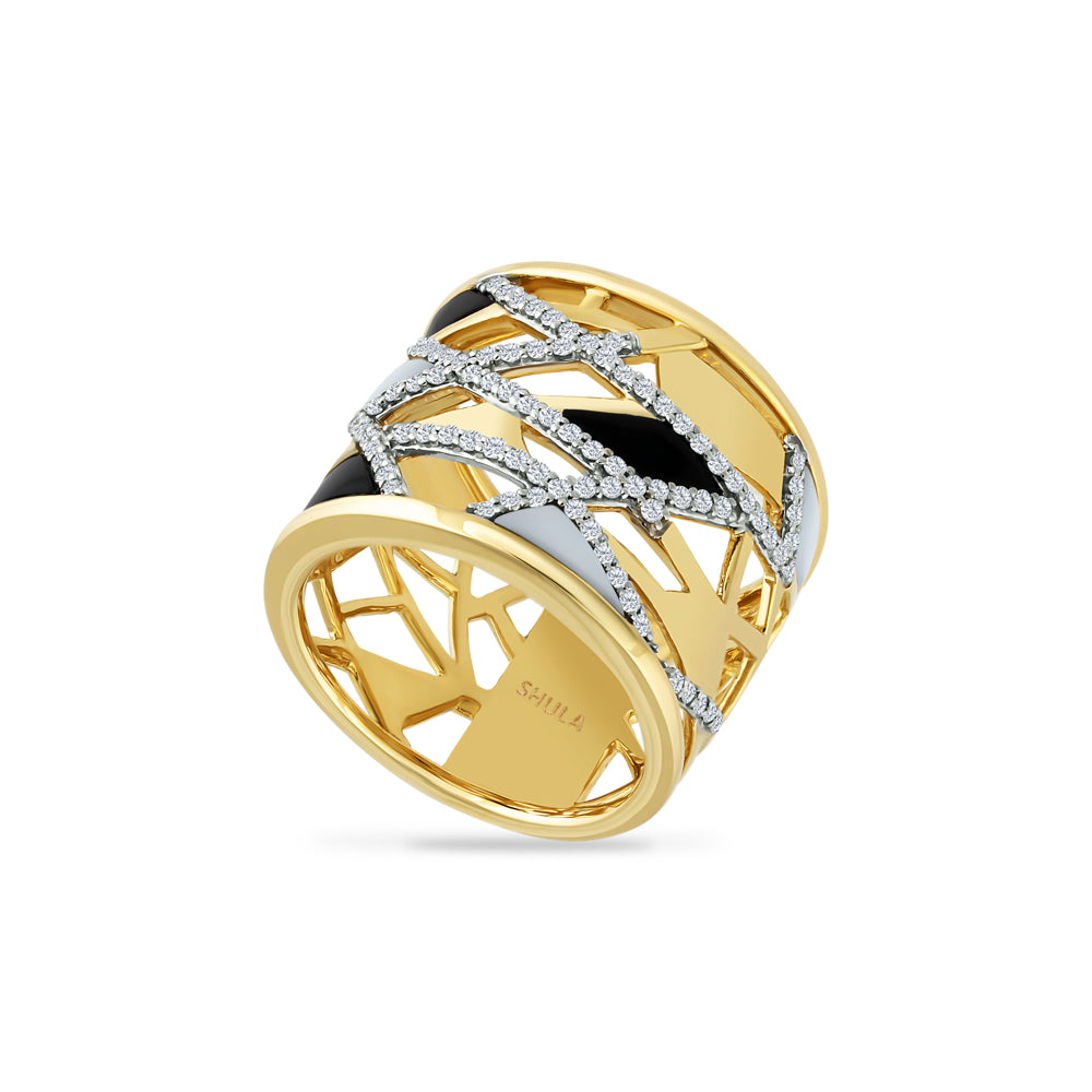 14K DIAMOND RING 17MM WIDTH WITH 97 DIAMONDS 0.51CT, BLACK ONYX AND 3 MOTHER OF PEARL