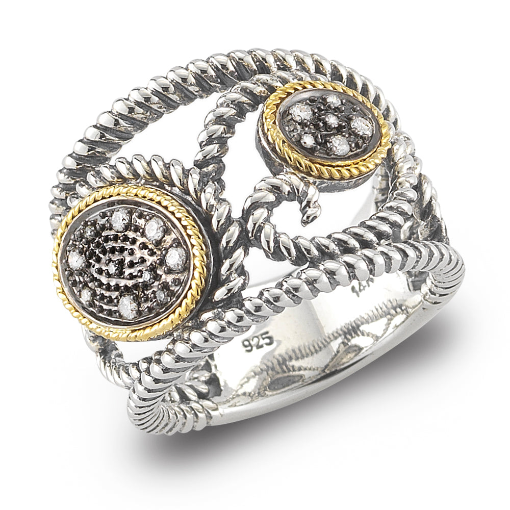 STERLING SILVER AND 14K  DIAMOND RING SET IN BLACK RHODIUM