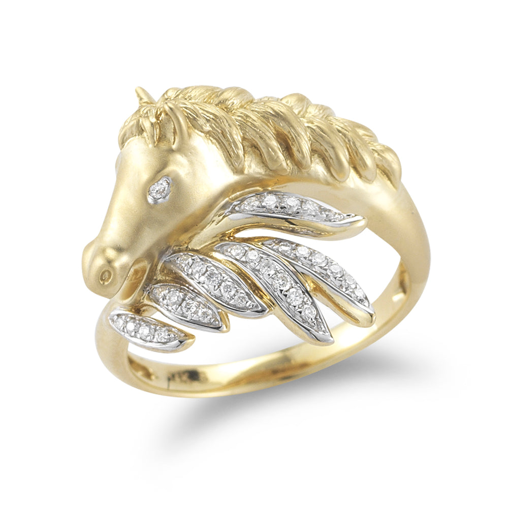 14K HORSE HEAD RING WITH DIAMONDS