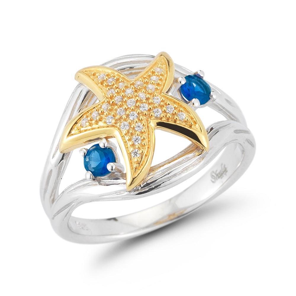 14K 2 TONE STARFISH RING WITH 27 DIAMONDS 0.10CT & 2 SAPPHIRE 0.35CT 5.5
