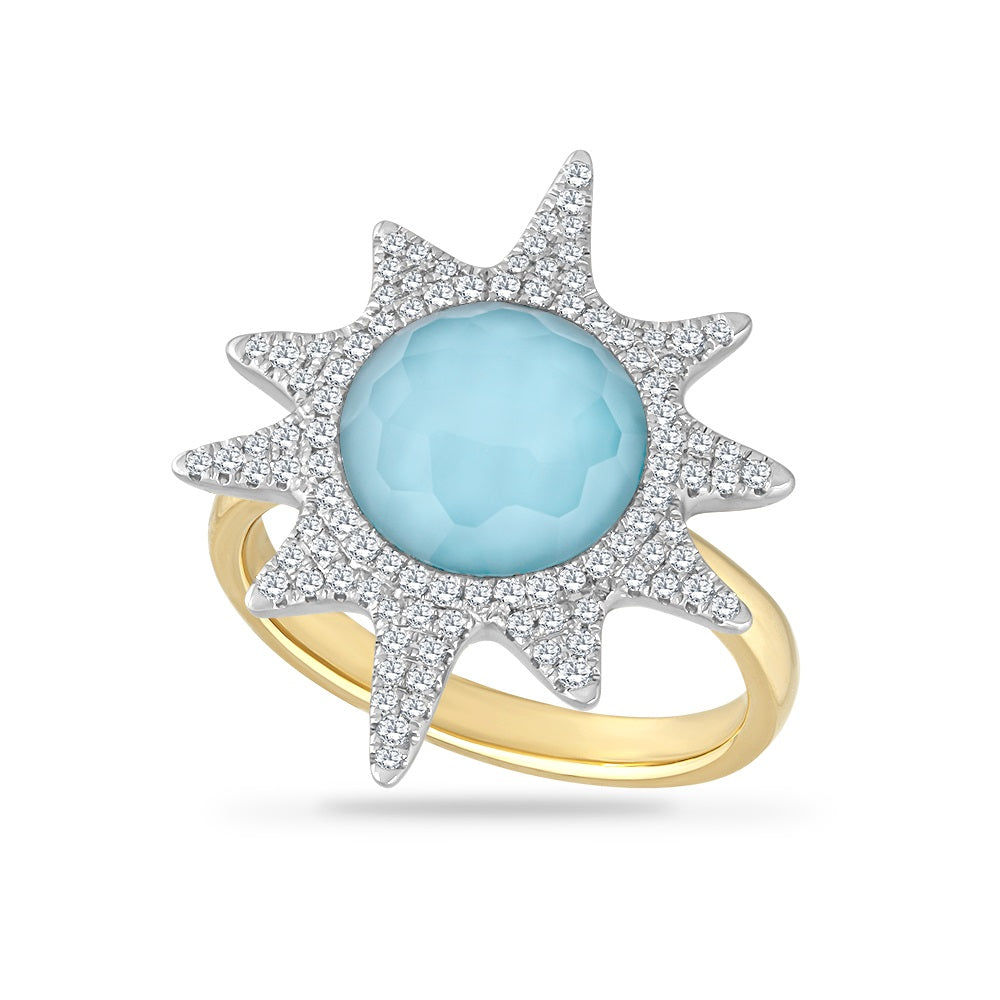 14K SUN RING WITH 0.40CT DIAMONDS, DOUBLET QUARTZ & BLUE TOPAZ, TOP DIAMETER 25.1MM