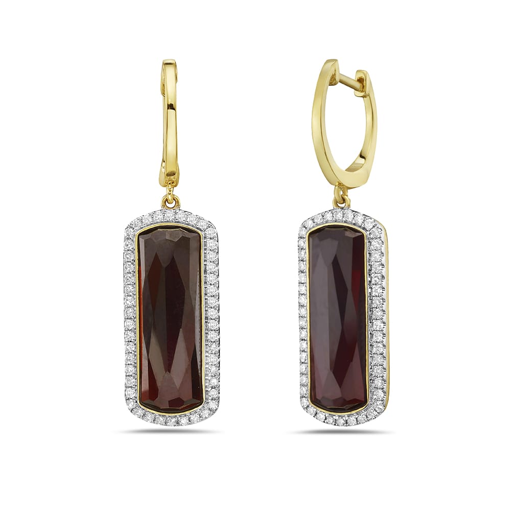 14K 21X9MM RECTANGLE SHAPE GARNET EARRINGS WITH 92 DIAMONDS 0.40CT