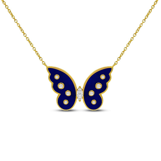 14k 22x15mm lapis butterfly necklace 8 diamonds 0.075ct 18 inches
