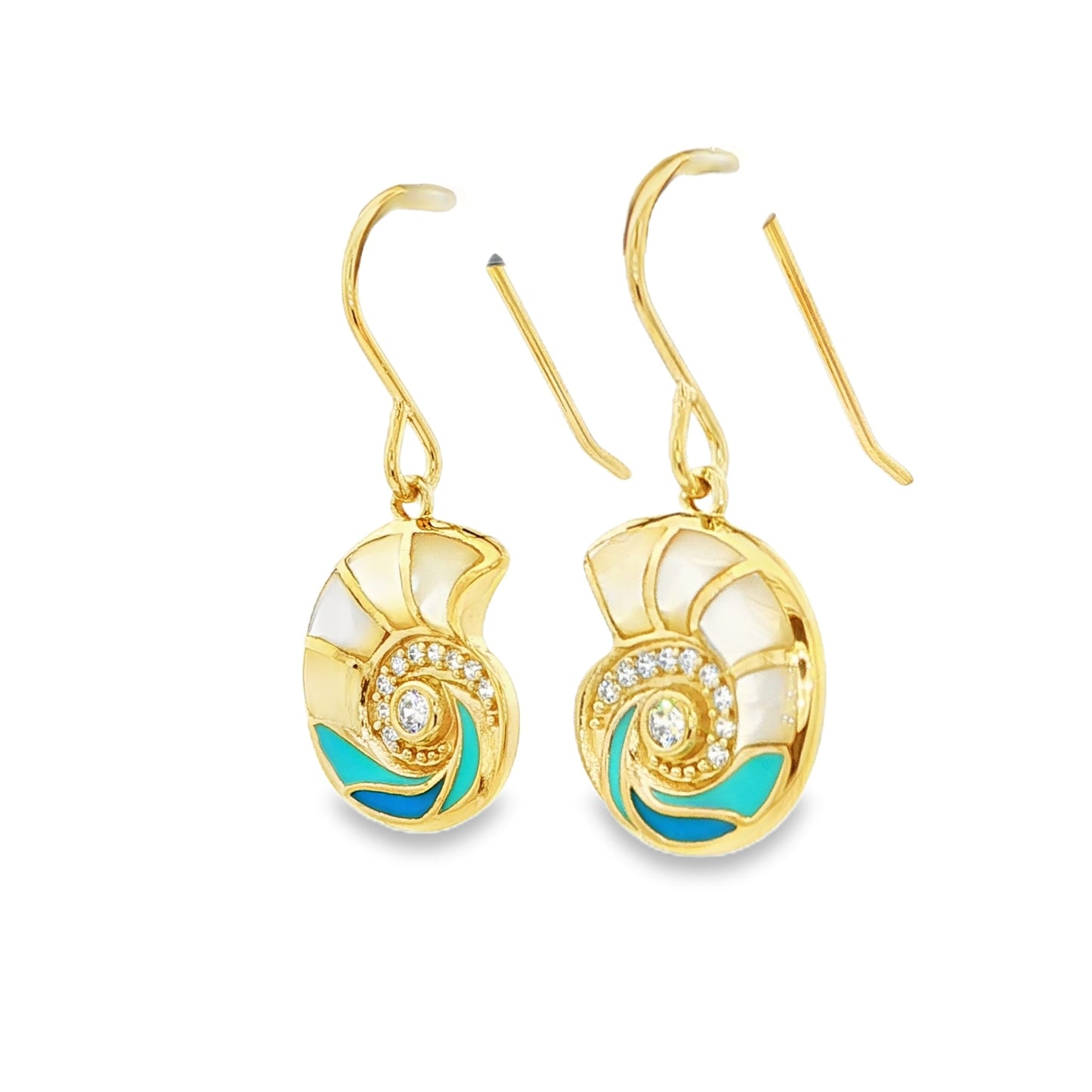 Gold plated sterling silver shell earrings with faux white and blue mother of pearl and white stones