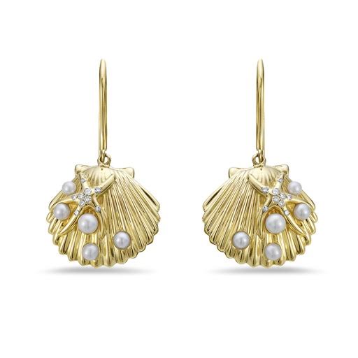 14K 16X14MM SEA SHELL EARRINGS WITH 18 DIAMONDS 0.08CT & 10 CULTURED PEARLS