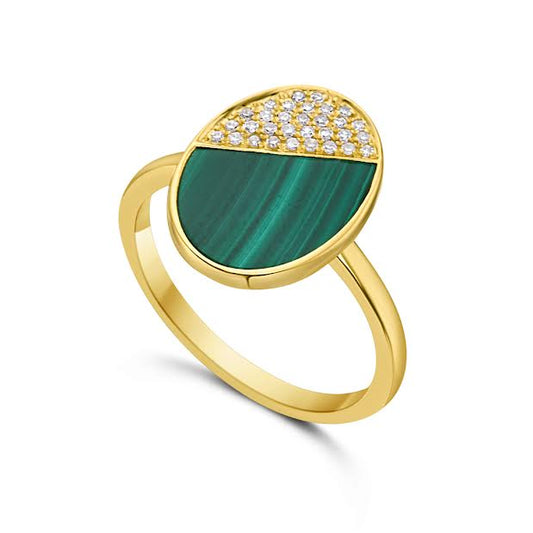 14KY 31 DIAMONDS 0.10CT, 1 MALACHITE 2.85CT 15MM OVAL RING