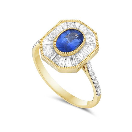 18K DIAMOND RING WITH BEAUTIFUL OVAL SAPPHIRE 0.92CT, 24 HEXAGON SHAPED BAGUETTES DIAMONDS 0.52CT AND 18 ROUND DIAMONDS 0.10CT
