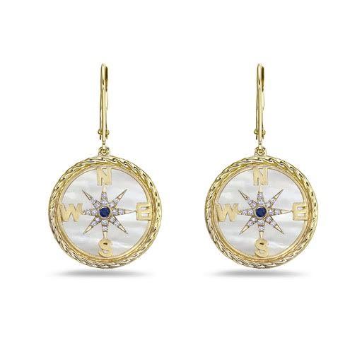 14K 17.5 MM COMPASS ROSE EARRINGS WITH 32 DIAMONDS 0.12CT , 2 BLUE SAPPHIRES 0.04CT & INLAID MOTHER OF PEARL WITH WIRE CLIPS