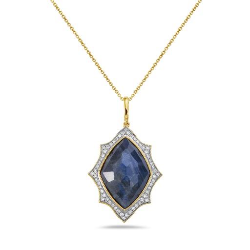 14K 25X19MM MARQUISE SHAPE BLUE LACE AGATE PENDANT WITH 56 DIAMONDS  0.26CT ON 1.5G 18 INCHES CABLE CHAIN