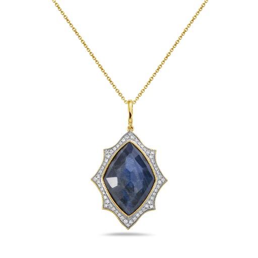 14K 25X19MM MARQUISE SHAPE BLUE LACE AGATE PENDANT WITH 56 DIAMONDS 0.26CT ON 1.5G 18 INCHES CABLE CHAIN