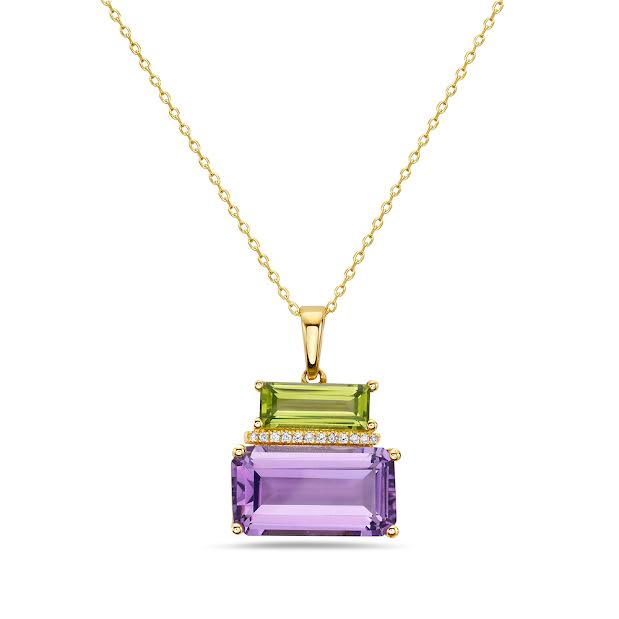 14KY 15X14MM PENDANT WITH 12 DIAMONDS 0.04CT, EMERALD CUT PERIDOT 1.30CT &  EMERALD CUT AMETHYST 5.48CT ON 18 INCHES CABLE CHAIN