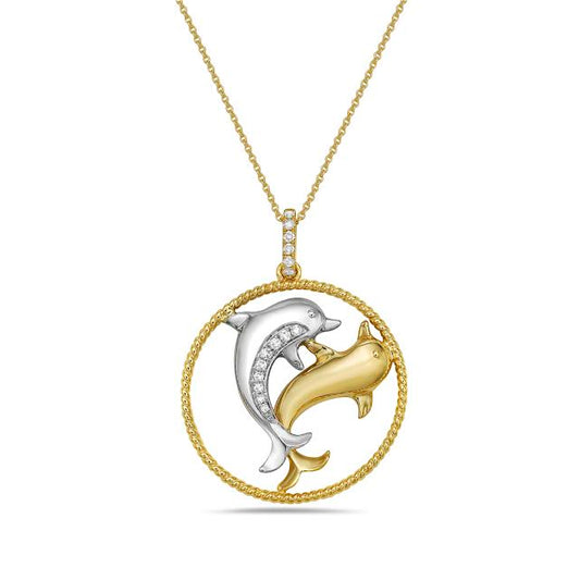 14K TT DOUBLE DOLPHIN PENDANT 15 DIAMONDS 0.08CT 18 INCHES CHAIN