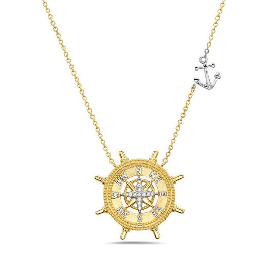 14K TWO TONE COMPASS NECKLACE WITH 14 DIAMONDS, 0.06CT ON 18 INCH CHAIN