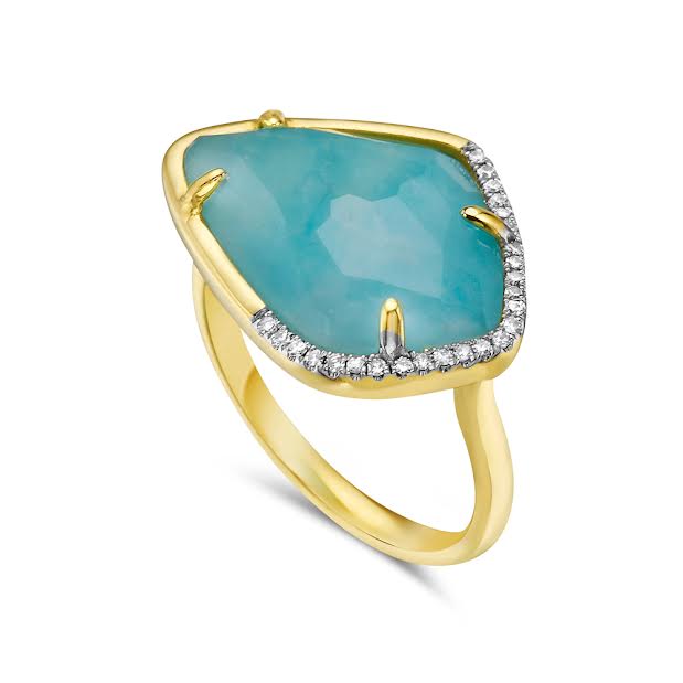 14KY 20X16MM WITH 25 DIAMONDS 0.080CT, 1 AMAZONITE, 1 CRYSTAL DOUBLET RING