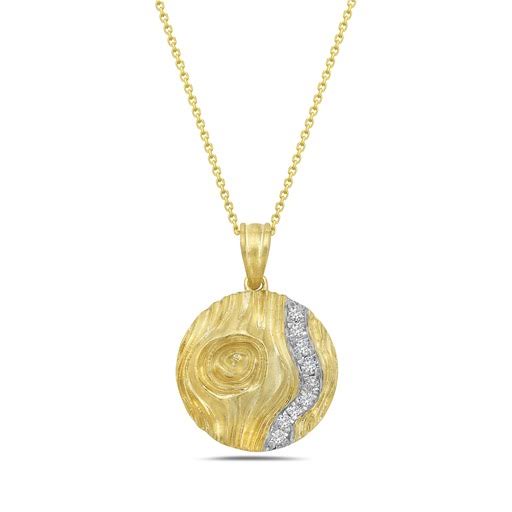 14k 20mm round textured pendant with 9 diamonds 0.24ct on 18 inches cable chain