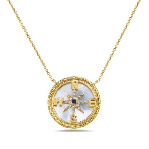 14K 19 MM COMPASS ROSE PENDANT  WITH 16 DIAMONDS 0.06CT , 1 BLUE SAPPHIRE 0.02CT & INLAID MOTHER OF PEARL ON 18 INCHES CABLE CHAIN