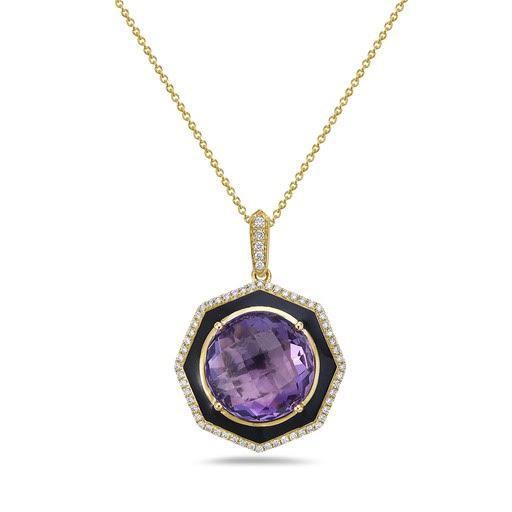 14K 19MM OCTAGON SHAPE PENDANT WITH 61 DIAMONDS 0.19CT, ROUND AMETHYST 7.33CT & BLACK ENAMEL ON 18 INCHES CABLE CHAIN
