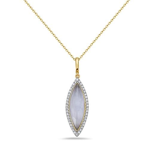 14K 22X9MM MARQUISE SHAPE BLUE LACE AGATE PENDANT WITH 42 DIAMONDS 0.18CT ON 18 INCHES 1.3G CABLE CHAIN
