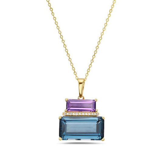 14KY 15X14MM PENDANT 12 DIAMONDS 0.04CT, EMERALD CUT LONDON BLUE TOPAZ, 7.51CT,  EMERALD CUT  AMETHYST 1.05CT ON 18 INCHES CABLE CHAIN