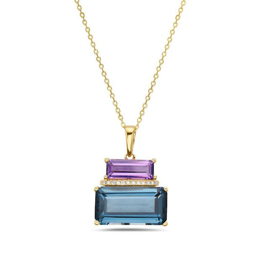14KY 15X14MM PENDANT 12 DIAMONDS 0.04CT, EMERALD CUT LONDON BLUE TOPAZ, 7.51CT, EMERALD CUT AMETHYST 1.05CT ON 18 INCHES CABLE CHAIN