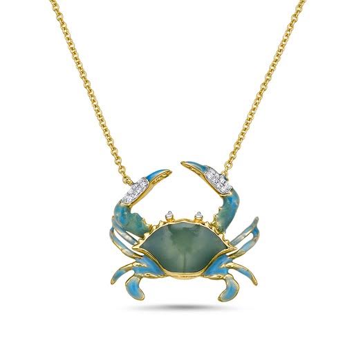 14K HAND MADE ENAMEL BLUE CRAB PENDANT WITH 18 DIAMONDS 0.065CT ON 18 INCHES CABLE CHAIN