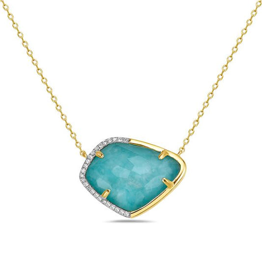 14KY 20X16MM WITH 25 DIAMONDS 0.080CT, 1 CRYSTAL, 1 AMAZONITE DOUBLET PENDENT ON 18