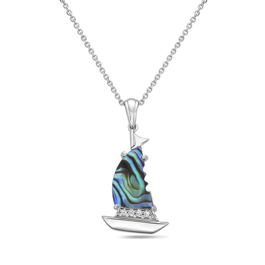 14k 22x15mm sailboat pendant with 4 diamonds 0.05ct & inlaid abalone on 18 inches cable chain