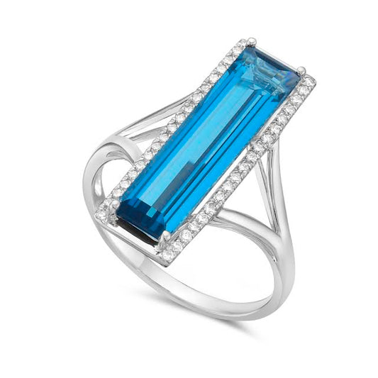 14k 23X8mm ring with 38 diamonds 0.19ct & ec london blue topaz 4.92ct
