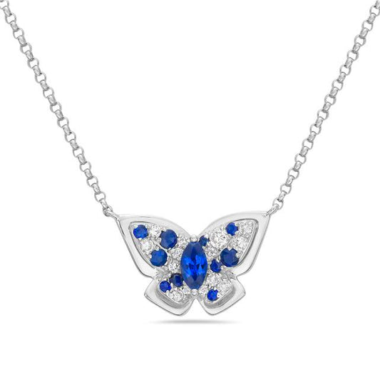 14k 15x11mm butterfly necklace with 14 diamonds 0.14ct & 11 blue sap[hires 0.38ct 18 inches
