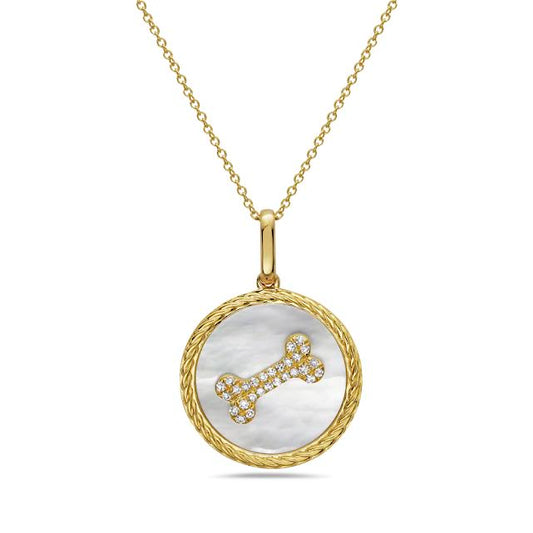 14k 19mm dog bone disk with 28 diamonds 0.13ct & inlaid mother of pearl on 18 inches chain