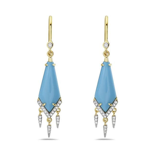 14K DROP EARRINGS WITH 46 DIAMONDS 0.175CT & 2 RECON TURQUOISE, 22MMX13MM