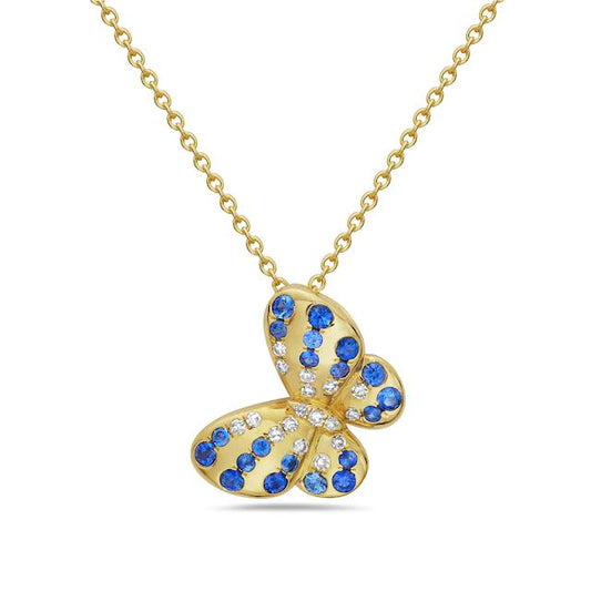 14k 15x11mm butterfly necklace with 17 diamonds 0.10ct & 20 blue sapphires 0.40ct 18 inches
