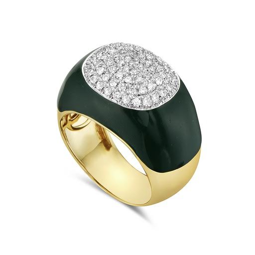 14KY GOLD  HUNTER GREEN ENAMEL RING WITH 61 DIAMONDS 0.45CT