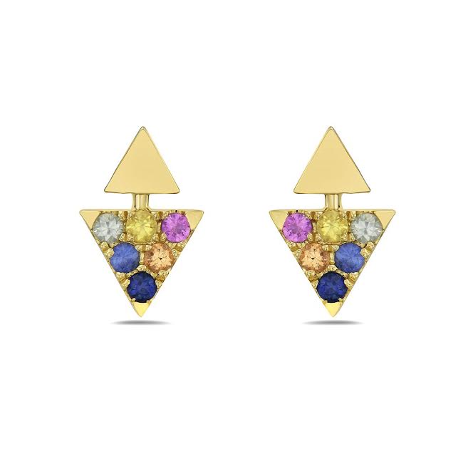 14KY TRIANGLE SHAPE STUD EARRINGS WITH 12 ROUND FANCY COLOR SAPPHIRES 0.33CT