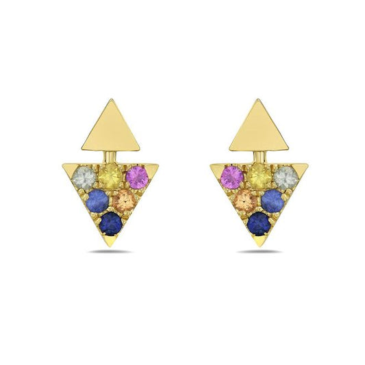 14K TRIANGLE SHAPED STUD EARRINGS WITH 12 ROUND FANCY COLOR SAPPHIRES 0.33CT