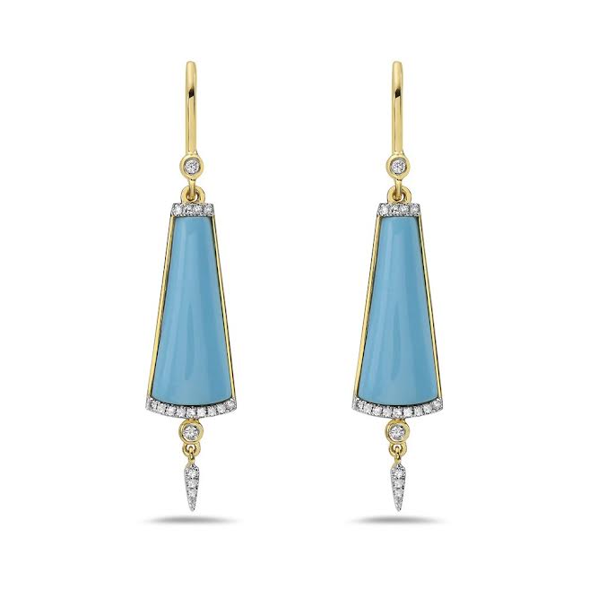 14K 2 RECON TURQUOISE DROP EARRINGS WITH 36 DIAMONDS 0.16CT, 24MMX13MM