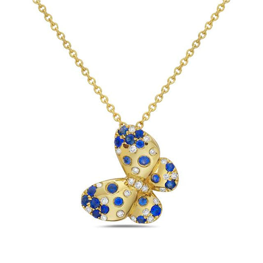 14k 15x11mm butterfly necklace with 23 diamonds 0.12ct & 20 blue sapphires 0.42ct 18 inches
